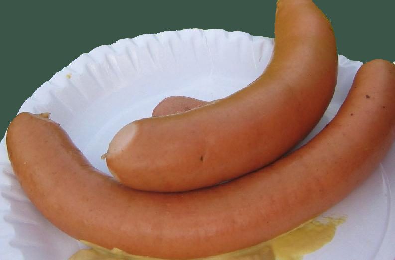 Bockwurst — a plump, pale, scalded sausage, another member of the Brühwurst family.