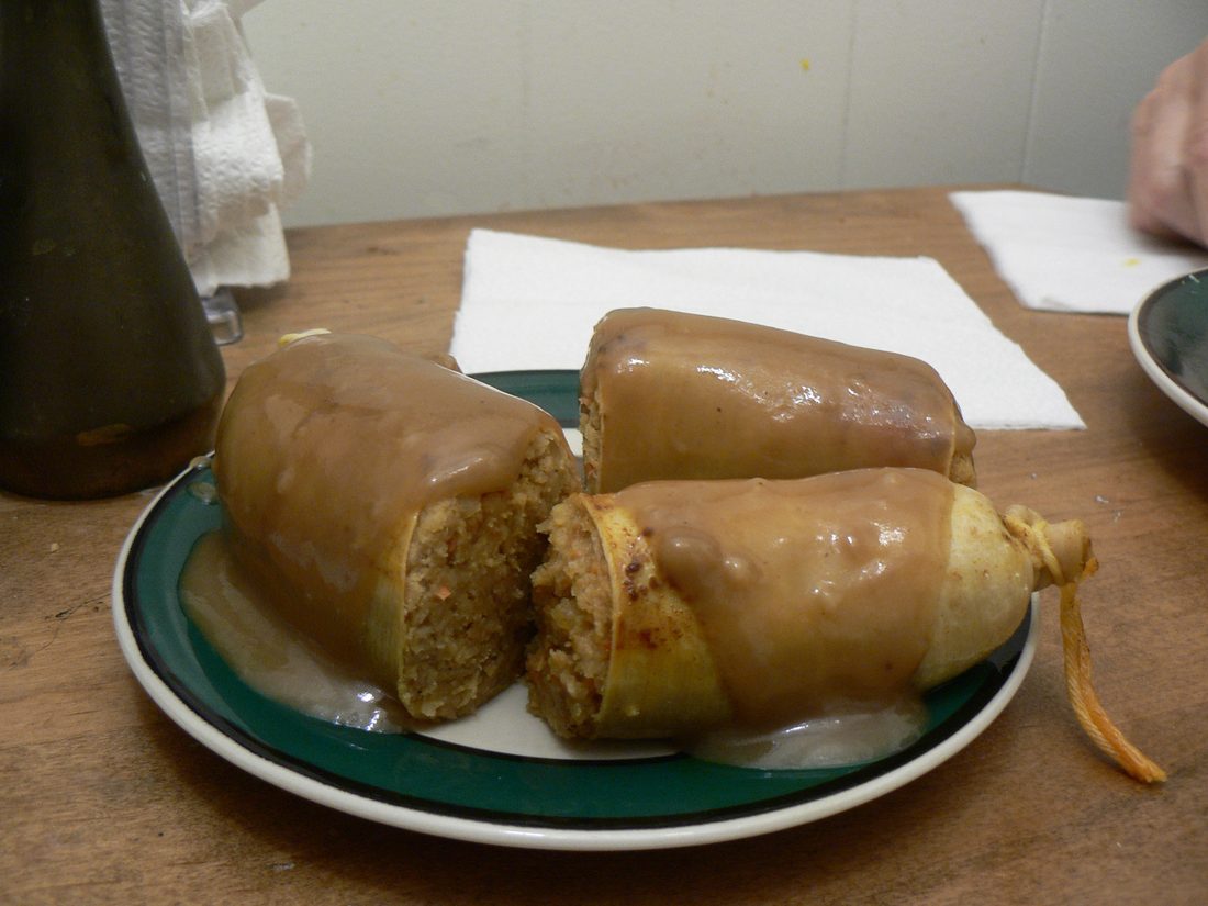 Kishke — stuffed derma: a beef casing filled with grain and schmaltz. When the filling can't be blood or pork, the sausage becomes starch and fat.