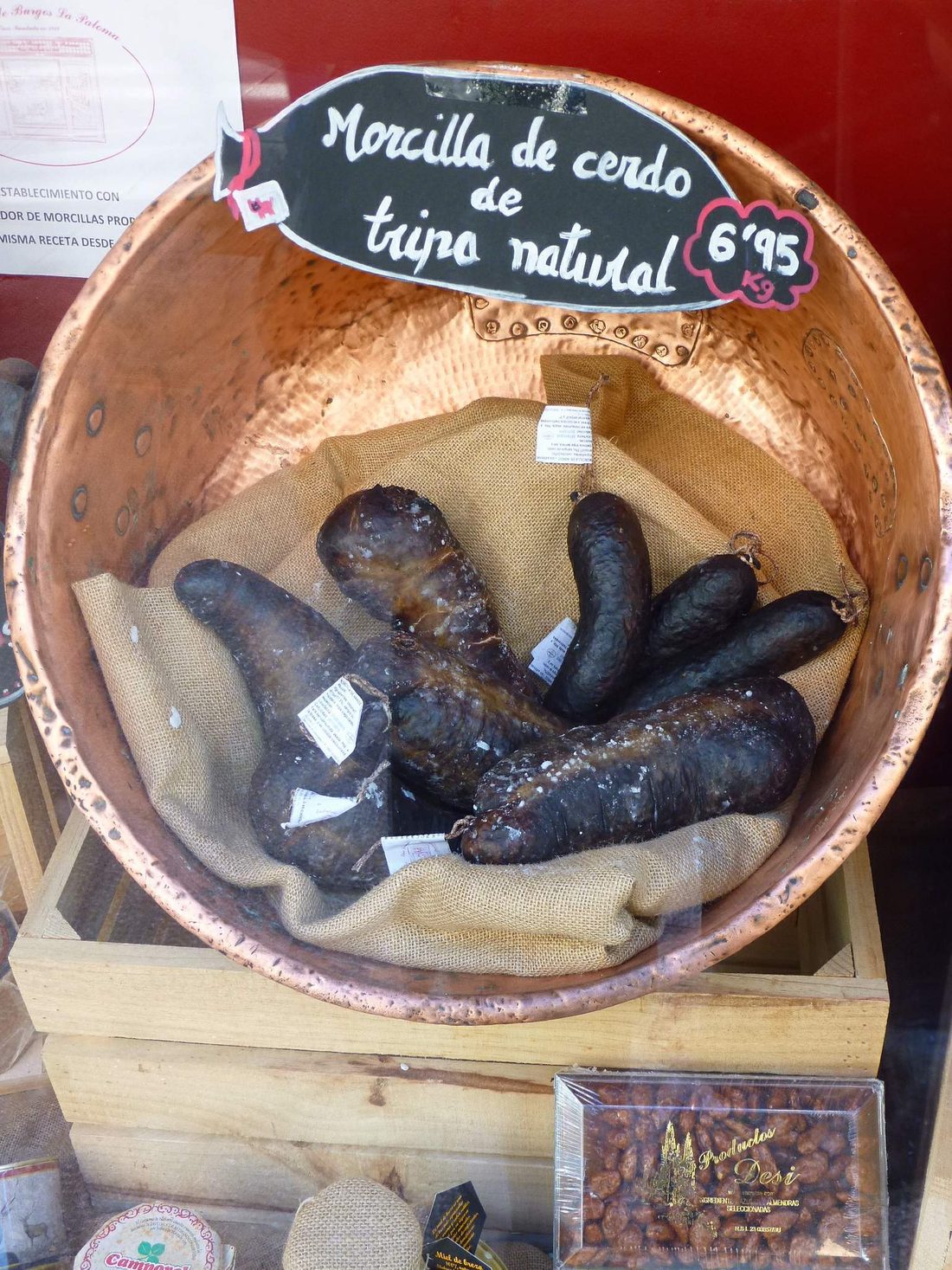 Morcilla de Burgos — a blood sausage with no meat at all: onion, rice and blood, the rice swelling as it cooks.