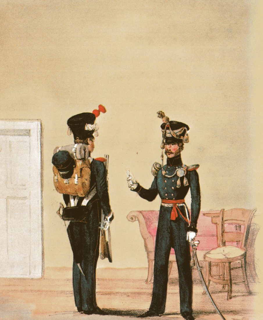 Royal Württemberg Landjäger — the rural mounted gendarmes — in uniform, circa 1840; this is the country-policeman office that may (or may not) stand behind the sausage's name, and behind its French synonym "Gendarme."