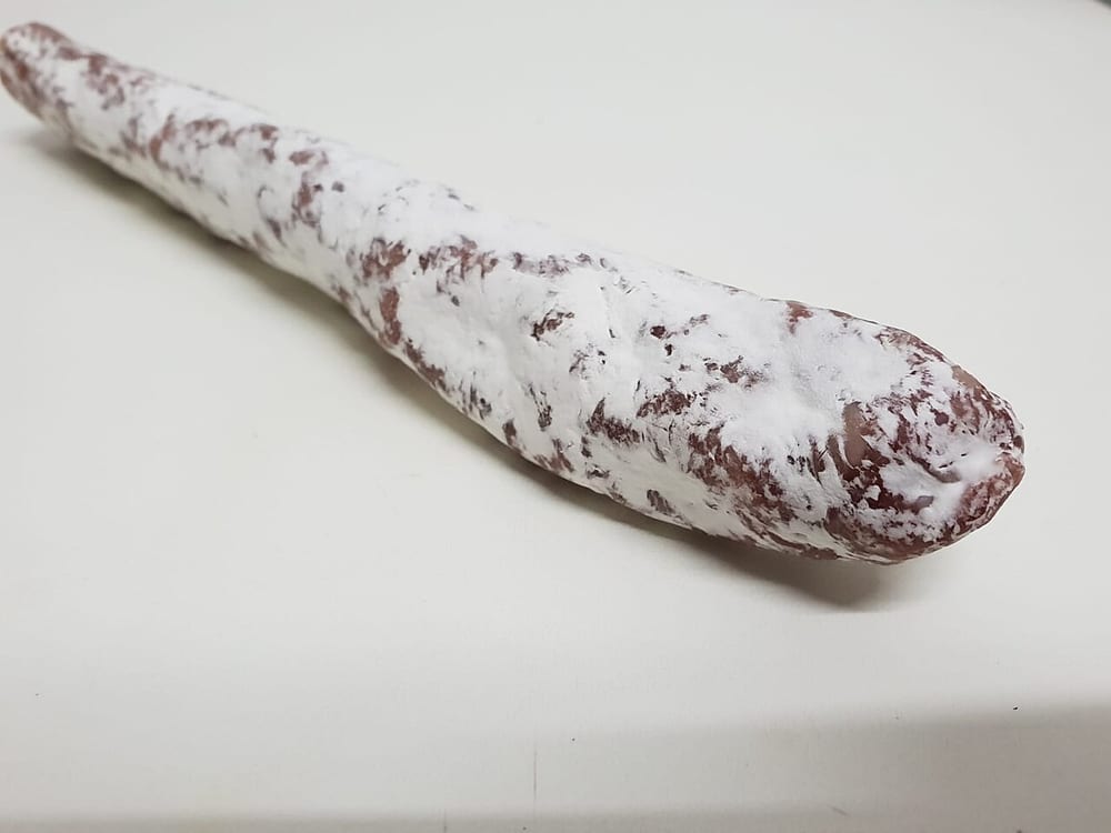 A dry-cured sausage dusted chalk-white with mould, shrunken and wrinkled — a third of its weight gone in the drying, and that loss is the preservation