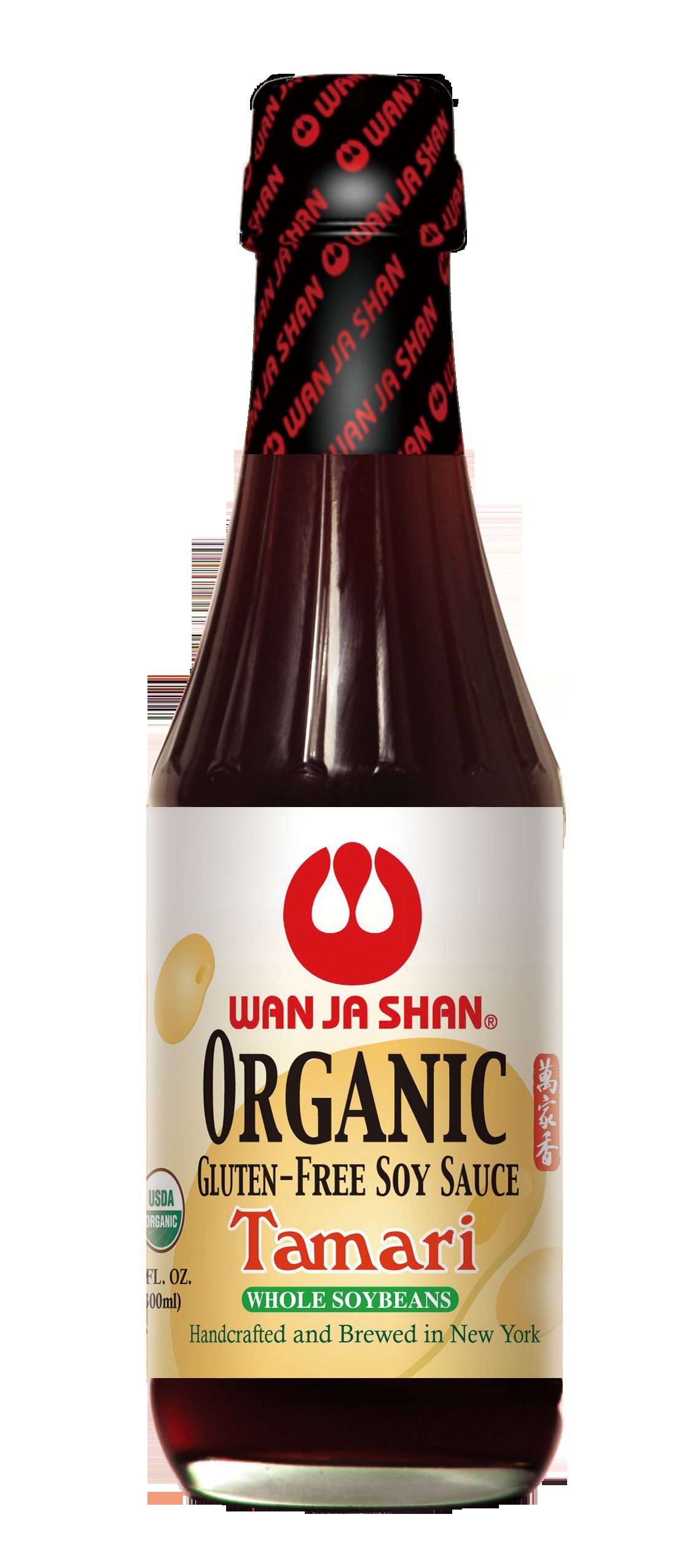 A bottle of organic tamari whose label explicitly reads "gluten-free soy sauce", made from whole soybeans