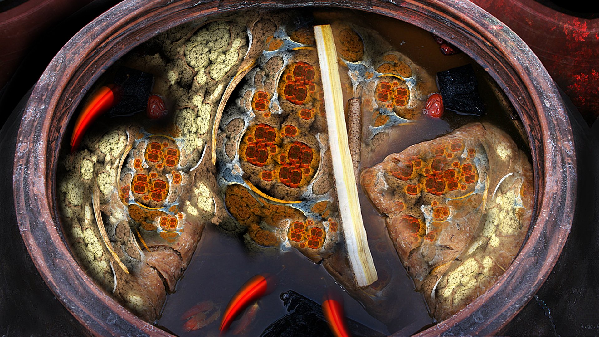 A large earthenware crock of ganjang, viewed from above — dark brine with meju blocks, red chillies, jujubes and charcoal floating on the surface