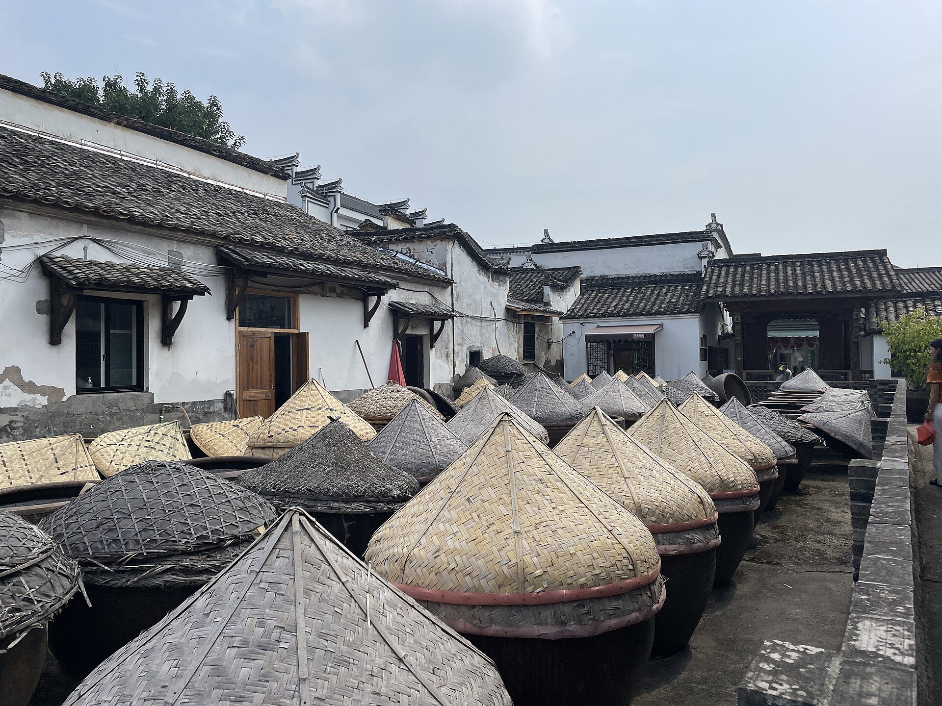 A traditional Chinese soy sauce works, with hundreds of conical-lidded earthenware fermentation jars in courtyards below tiled roofs