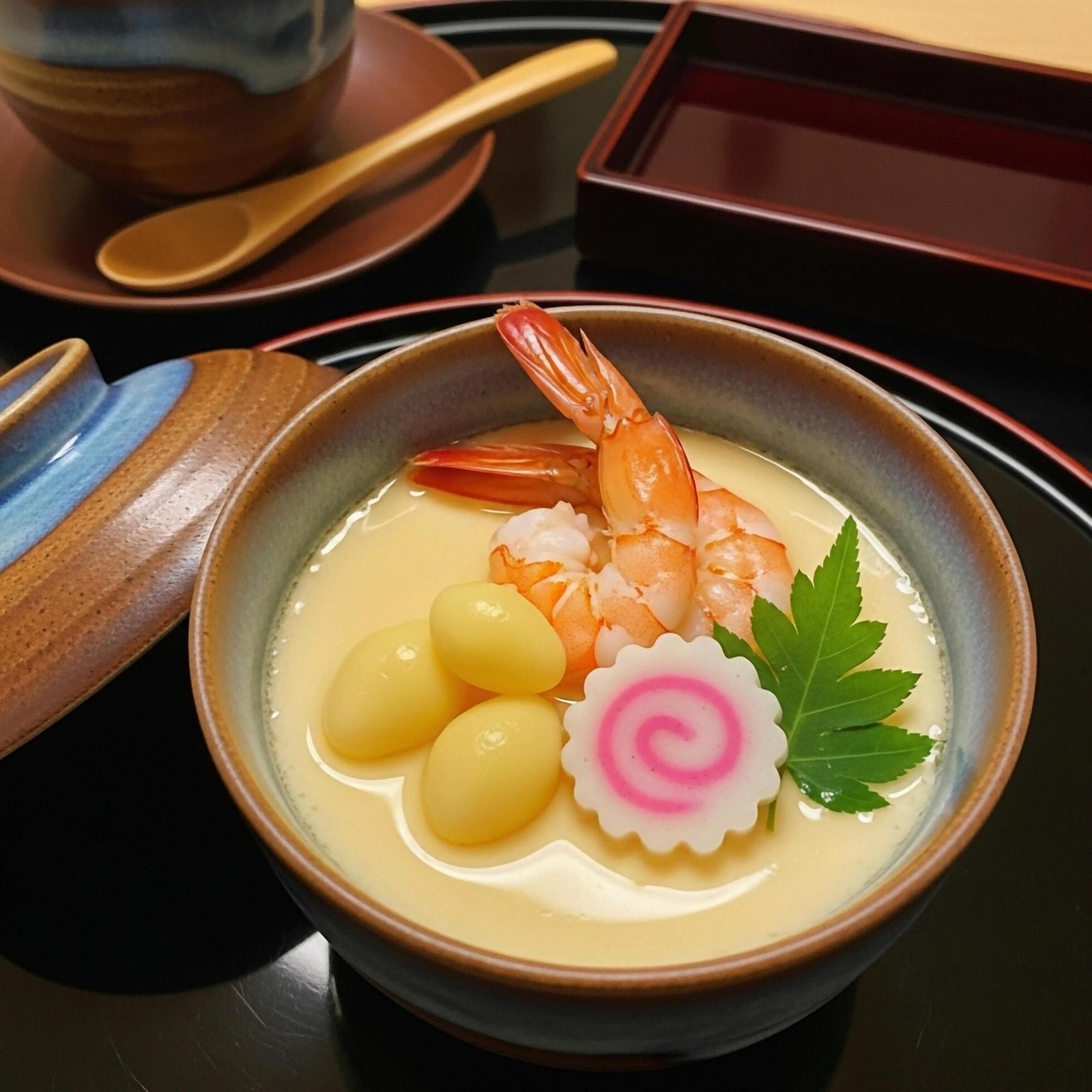 Chawanmushi in a lidded cup, with the classic garnishes
