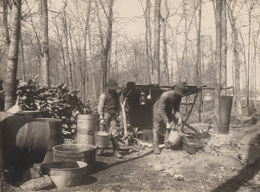A sugar camp around 1908 — two men working an open wood-fired rig in bare woods, barrels and gathering tubs standing in the mud, a lantern hung on the shanty