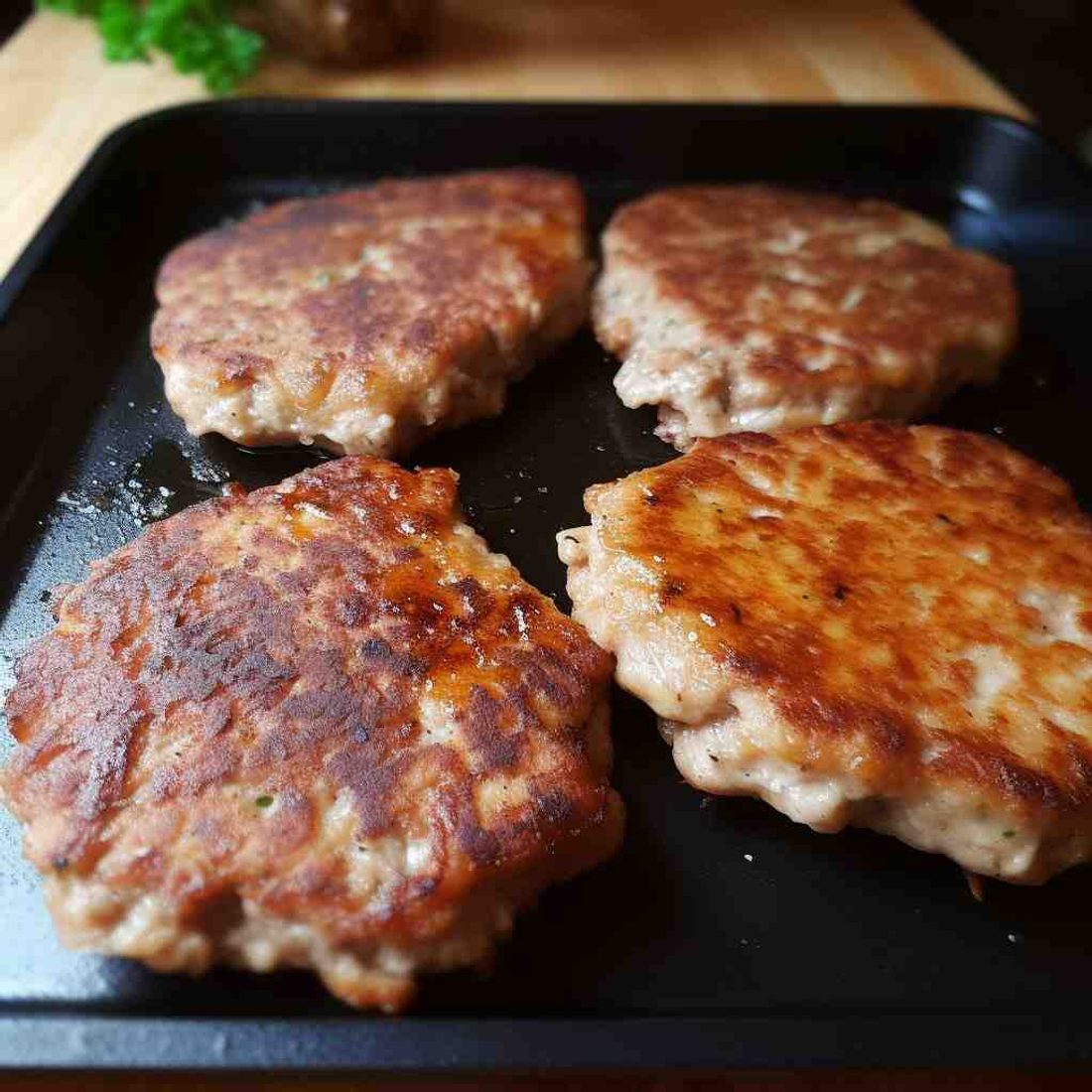 A griddle with cudighi sausage patties cooking, onions alongside