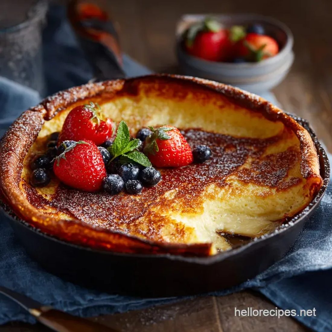 Squares of pannukakku, a thick baked Finnish oven pancake with a custardy center, served with berries