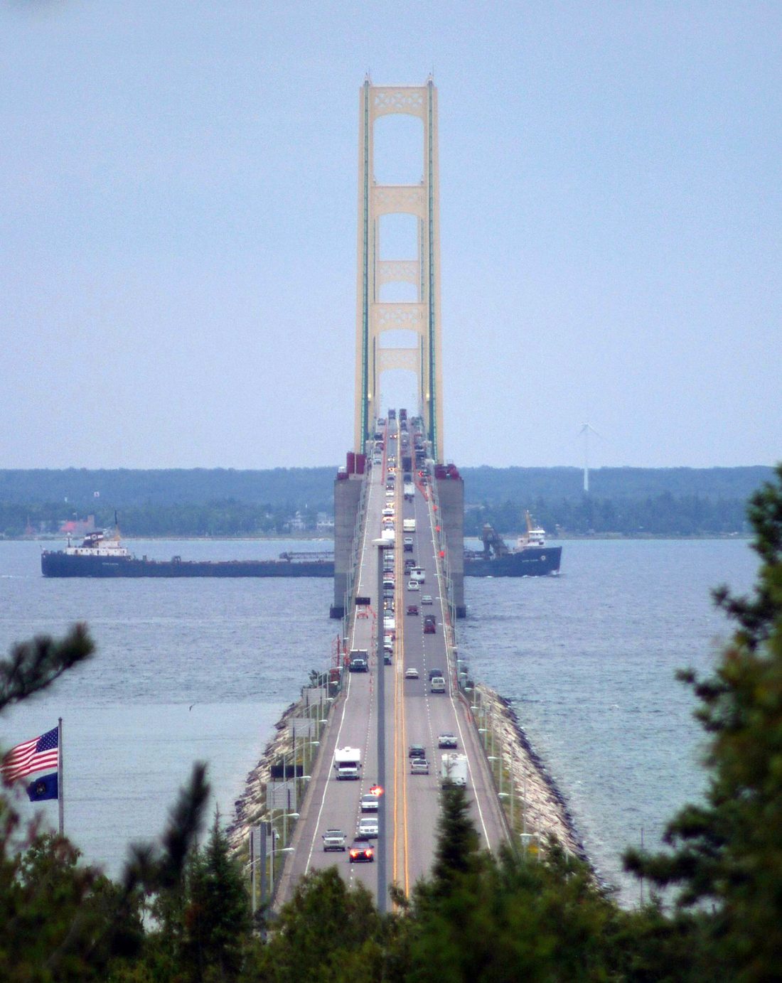 The Mackinac Bridge stretching across the Straits of Mackinac between Michigan's two peninsulas
