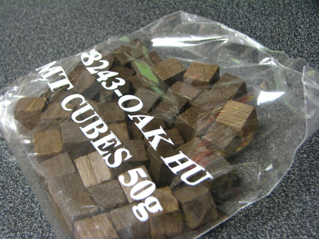 A bag of oak cubes — slower and gentler than spirals, my pick for small quart-size test jars