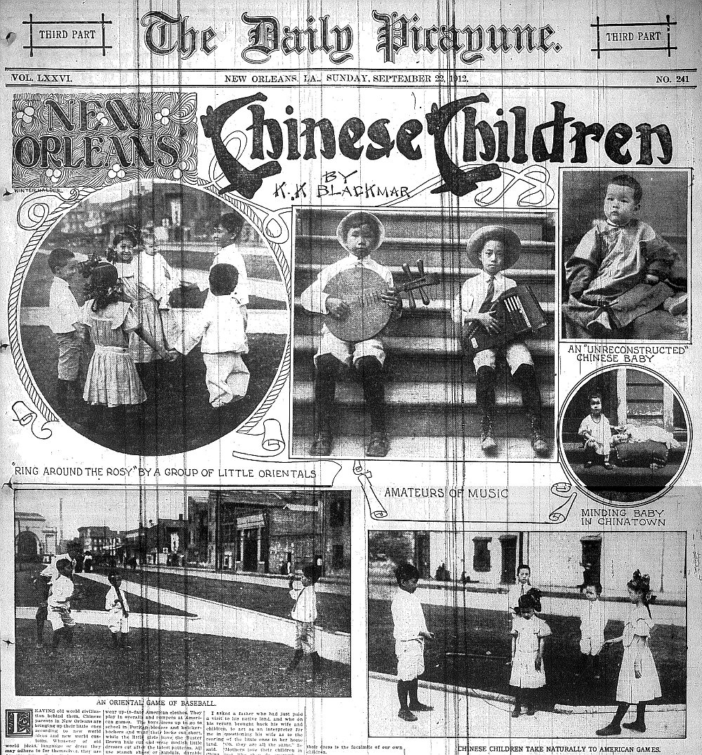 A newspaper page headed New Orleans' Chinese Children, with photographs of children on steps and in the street